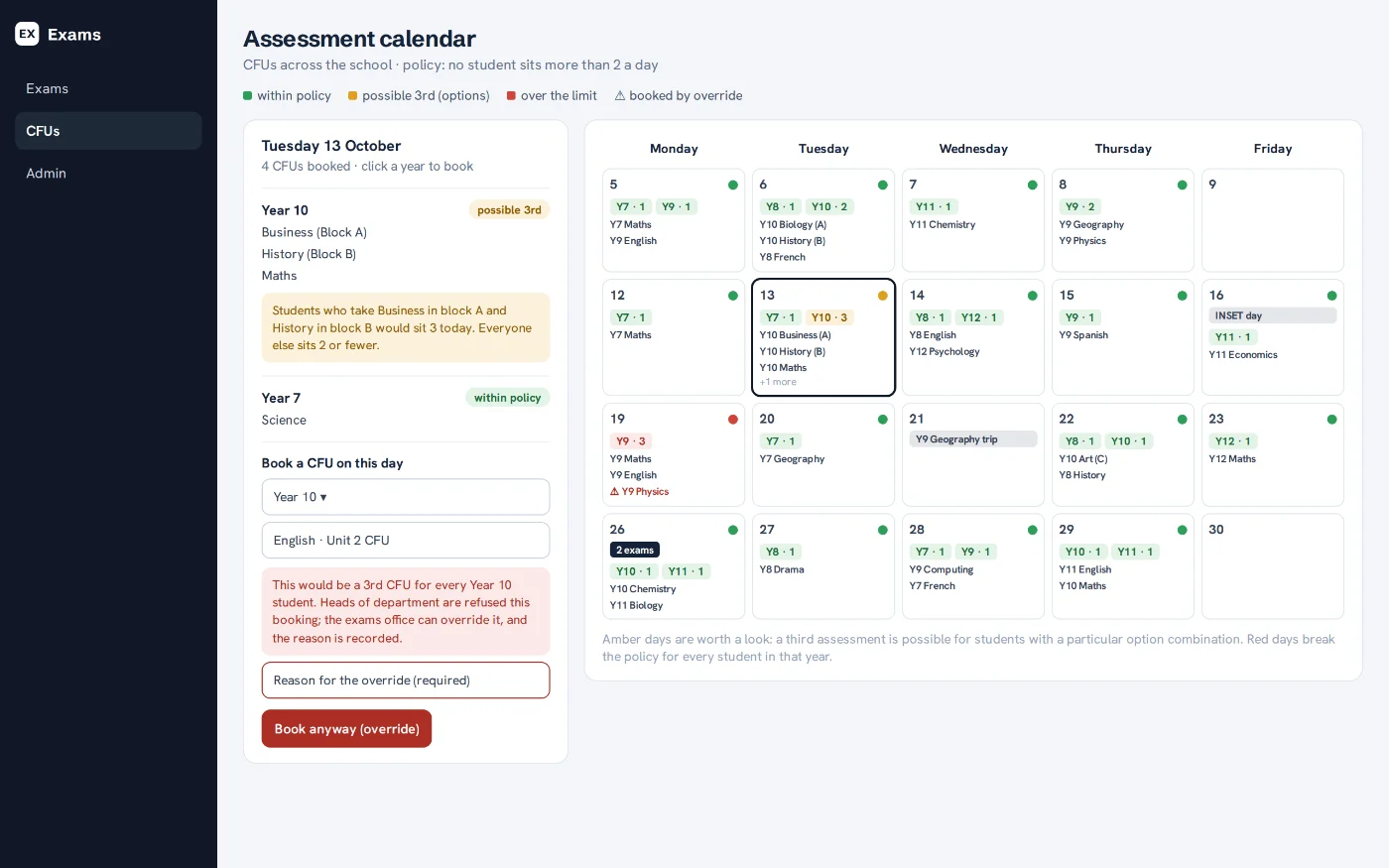 Assessment calendar with traffic-light policy checks for each year group